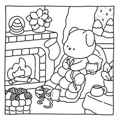 a black and white drawing of a teddy bear sitting in front of a fire place