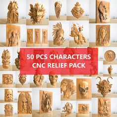 some carved wooden faces and heads with the words, 50 pc characters cnc relief pack