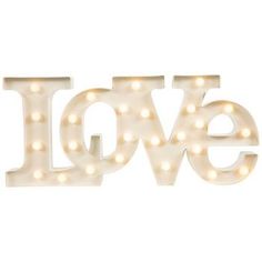 the word love is lit up with light bulbs on it's sides and letters that spell out