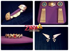 the legend of zelda's accessories are displayed in four different pictures, including an earring and bracelet