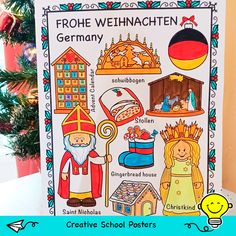 a german poster with pictures of different countries and their names in front of a christmas tree