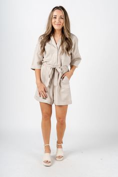 Belted romper from Lush Fashion Lounge women's boutique in Oklahoma City. Lush boutique in OKC has a variety of cute rompers and more! This romper is perfect for Summer! Model is 5'4 size 24 wearing size small. 85% rayon 15% polyester Belted Romper, Short Sleeve Romper, Denim Romper, Cute Rompers, Sleeveless Rompers, Women's Boutique, Sleeved Romper, Oklahoma City, Ladies Boutique