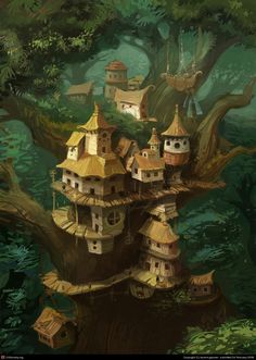 a painting of a tree house in the middle of a forest with lots of trees