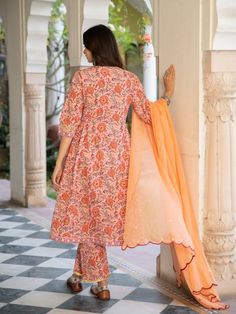 A poetic rendetion of a summer festive collection that makes you nostalgic, in classic luminous block prints. Handcrafted on a bed of fine cotton, mul and doria in hues of pastels. Perfect for light occasions. A set of 3 consists of kurta, pants & dupatta. Kurta: Summery florals combined with the most delicate silhouette inspired by the vintage bhopali peach kurta. This round neck, side gathered ghera kurta in cotton with loop button and gota detailing is a summer staple . Finished with hand pri Cotton Kurta Set, Kurta Pants, Festive Collection, Cotton Kurta, Summer Staples, Kurta Set, Cotton Pants, Best Deal, Floral Printed