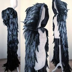 three different views of a mannequin with feathers on it