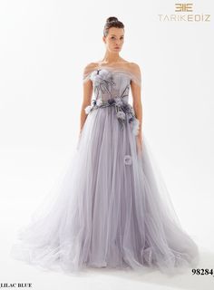 Tarik Ediz Dresses, Ballgown Skirt, Straight Across Neckline, Lilac Blue, Tarik Ediz, Ball Gown Skirt, Pageant Gowns, Feather Dress, Gowns Of Elegance