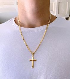 LINK TO ADD ENGRAVING SERVICE: https://etsy.me/30lndjH Classic Gold Cross medium size. Gold Cross Classic. We always apply at least 40 micro-inches (1 micron) over sterling silver to ensure a long-lasting plate for the customer, it is a relatively thick layer of gold plating and will last many years if not a lifetime if taken care of correctly. We suggest you never polish gold with an abrasive polish and do not use other pendants along with the cross that may they rub against it. Normal gold pla Yellow Gold Cross Jewelry With Curb Chain, Polished Finish Cuban Link Necklace Gift, Gold Engraved Cuban Link Jewelry, Gold Engraved Necklaces For Father's Day, Classic Gold Necklaces For Father's Day, Stamped 14k Cuban Link Necklace As Gift, Stamped 14k Cuban Link Necklace, 14k Stamped Cuban Link Necklace For Gift, 14k Stamped Cuban Link Necklace As Gift