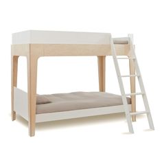 a white bunk bed with a ladder on the bottom and mattress underneath it, against a white background