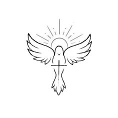 a dove with rays coming out of it's wings and the cross in the background