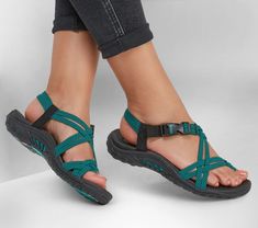 Ease back with style and stretchable comfort in Skechers Reggae - Irie Mon. This strappy sandal features a woven stretch fabric upper with a quick closure buckle and a supportive Reggae midsole. Summer Sandles, Hacks Clothes, Fashion Hacks, Wide Shoes, Quick Release Buckle, Fashion Hacks Clothes, Skechers Women, Shopping Hacks, Sandals Summer