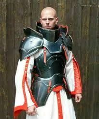 a man dressed in armor standing next to a wooden fence with his hands on his hips