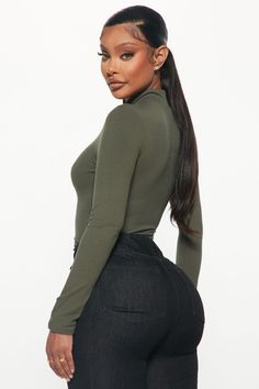 Available In Black, Grey, White, And Wine. Mock Neck Ribbed Cheeky Bottom Snap Button Closure Final Sale 93% Rayon 7% Spandex Imported | Dana Bodysuit in Olive Green size Small by Fashion Nova High Waist Fitted Trendy Tops, Solid High Waist Tops For Night Out, Fitted High Waist Tops For Workwear, High Waist Stretch Tops For Fall, Solid High Waist Bodysuit For Fall, Olive Fashion, Style Aesthetic, Braids For Black Hair, Matching Dresses