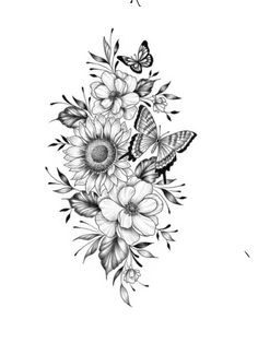 a black and white drawing of flowers with butterflies