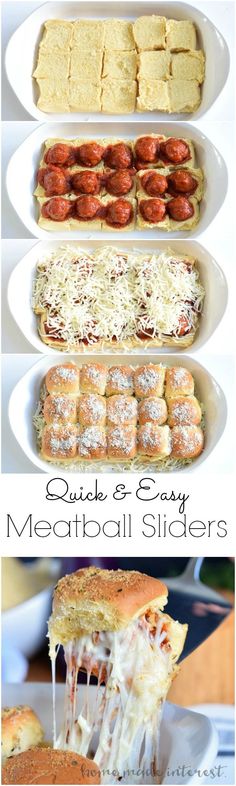 several different types of meatball sliders in trays with text overlay that reads quick and easy meatball sliders