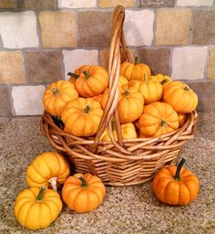 a wicker basket filled with mini pumpkins on top of a granite countertop