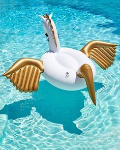 an inflatable swan float floating on top of the water with its wings spread out