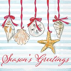 three seashells hanging from strings with red ribbon on them and the words season's greeting written below