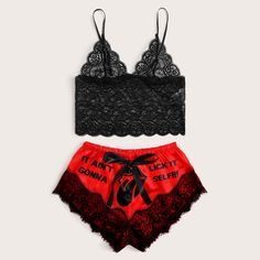 As a product expert, I present to you our Women's Lace Pajama Set. It features a comfortable lace top and bottom with a humorous "It Ain't Gonna Lick Itself" print. With its chic red color, you'll both feel relaxed and stylish. Perfect as a gift for your partner. Enjoy your night with this sleepwear. The short pajama sets, 2-piece sexy sleepwear, 2-piece cami lingerie, and 2-piece sexy lingerie for women are crafted with breathable, skin-friendly, and high-quality elastic materials for maximum c Lace Pajama Set, Lingerie For Women, Funny Prints, Short Pajama Set, Pajama Sets, Lingerie Sleepwear, Women Lace, Red Color, Pajama Set