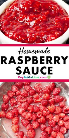 homemade raspberry sauce in a white bowl with strawberries on the side and text overlay that reads homemade raspberry sauce