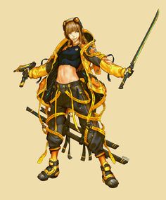 an anime character holding two swords and wearing yellow armor with black clothing on her body