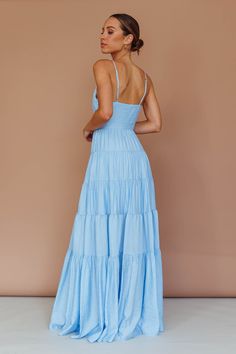 Light Blue Spaghetti Strap Maxi Dress For Party, Light Blue Maxi Dress With Spaghetti Straps For Party, Solid Maxi Length Sundress For Party, Light Blue Maxi Dress For Date Night, Solid Color Maxi Sundress For Party, Solid Color Spaghetti Strap Maxi Dress For Date Night, Spaghetti Strap Solid Color Maxi Dress For Date Night, Fitted Blue Maxi Dress With Adjustable Straps, Solid Maxi Dress With Adjustable Straps