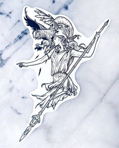 a sticker with an image of a woman holding a spear and bird on it