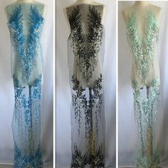 three different views of a mannequin with blue and green designs on it's body