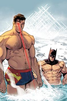 batman and robin wayne standing in the water with their backs to each other, both wearing swim trunks