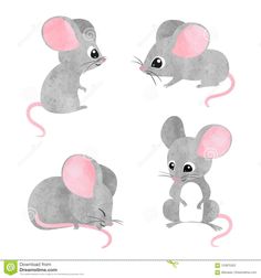 four gray mouses with pink ears on white background royalty - art illustration stock photo