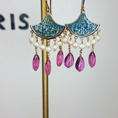 New! Enamel And Pearl Drop Earrings Pink/Blue/Gold Comes With Henri Bendel Pouch And Box. Elegant Purple Jewelry For Summer, Elegant Purple Summer Jewelry, Elegant Summer Purple Jewelry, Pink Teardrop Jewelry For Summer, Elegant Pink Earrings For Summer, Summer Teardrop Pink Jewelry, Summer Pink Teardrop Jewelry, Summer Pink Pierced Jewelry, Fan Earrings