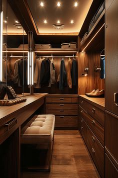 a walk - in closet with lots of drawers and clothes hanging on the walls, along with a bench