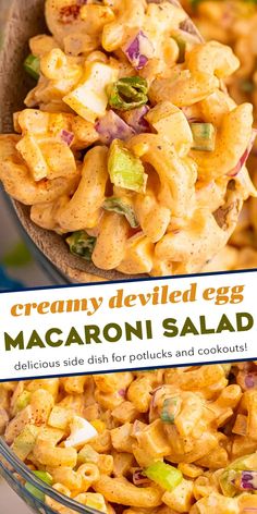 creamy deviled eggs macaroni salad in a bowl with the title above it