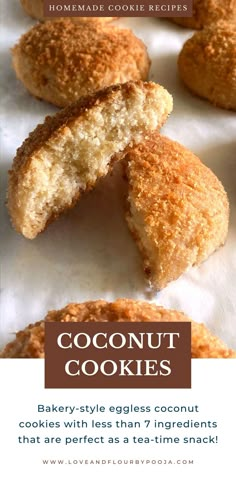 coconut cookies are cut in half and stacked on top of each other with the words, coconut