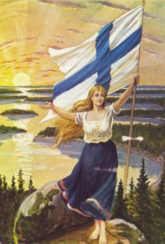 a painting of a woman holding a flag on top of a hill next to the ocean