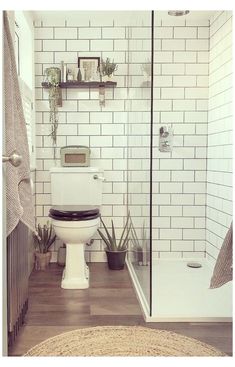 a white toilet sitting in a bathroom next to a walk in shower and potted plants