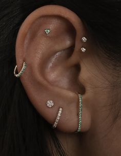 a close up of a person with ear piercings on their left and right sides