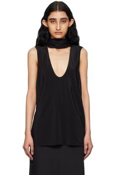 Helmut Lang: Black Scarf Tank Top | SSENSE Chic Summer Tank Top With Cowl Back, Black Silk Sleeveless Tank Top, Evening Sleeveless Top With Bias Cut, Scarf Tank Top, Black Scarf, Tank Top Camisole, Silk Crepe, Helmut Lang, Cami Tanks