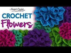 crochet flowers with the words, crochet flowers written in purple and green