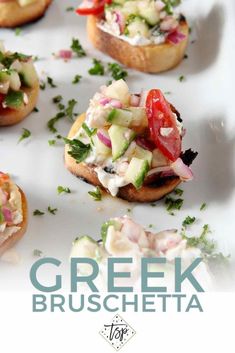 small appetizers are arranged on a plate with the words greek bruschetta