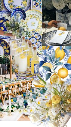 a collage of yellow and blue plates, lemons, hydrangeas and flowers