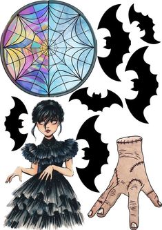 a drawing of a woman in a black dress next to a bat and spider web