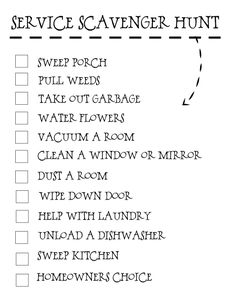 the service scavenger hunt is shown in black and white, with an arrow pointing to