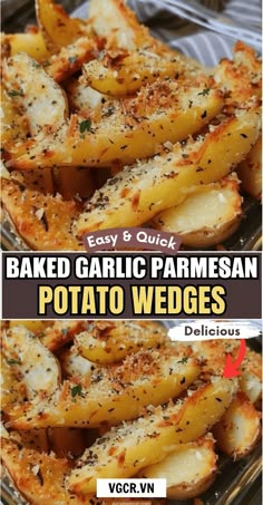 baked garlic parmesan potato wedges with text overlay