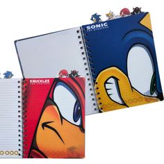 two spiral notebooks with cartoon characters on them