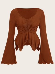 Brown Casual Collar Long Sleeve Knitted Fabric Plain  Embellished Slight Stretch  Women Clothing Flounce Sleeve Top Outfit, Cute Fall Tops, Satin Tops, Flare Sleeve Top, Fall Tops, Shein Icon, Flared Sleeves Top, Irregular Hem, Flounce Sleeve