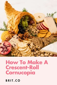 diy crescent roll cornucopia Cornucopia Appetizer, Small Holiday Charcuterie Board, Thanksgiving Foccia Bread Art, Cornucopia Charcuterie Board Ideas, Cornucopia Crescent Rolls, Cornucopia Bread Recipe, Crescent Wreath Recipes, Cornucopia Decorating Ideas, Friendsgiving Brunch Food