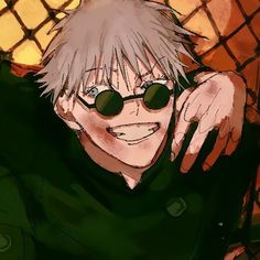 an anime character with white hair and green glasses, sitting in front of a chain link fence