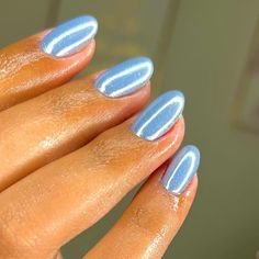 Light Blue Shiny Nails, Blue Pearl Chrome Nails, Baby Blue Sparkle Nails, Light Blue Nails With Chrome, Light Blue Iridescent Nails, Light Blue Chrome Acrylic Nails, Blue Chrome Nails With Pearls, Periwinkle Nails Chrome, Periwinkle Chrome Nails