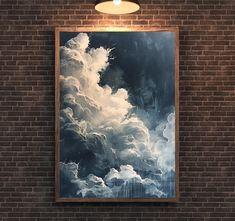 a brick wall with a painting hanging on it's side next to a lamp