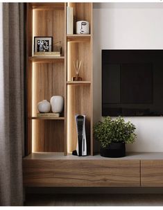 an entertainment center with bookshelves, vases and a plant on the shelf